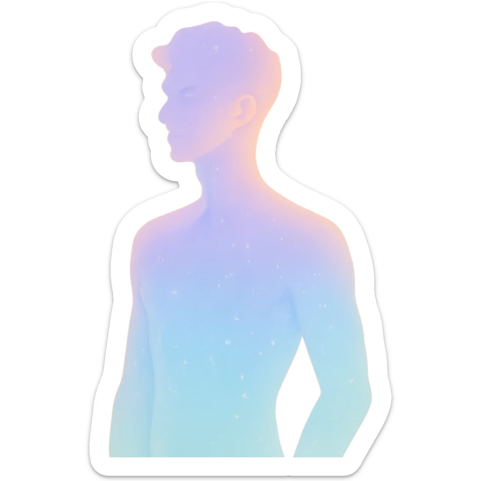 confident male figure with a pastel aura and subtle sparkle, embodying beauty and magnetic charm, in a minimalist silhouette sticker