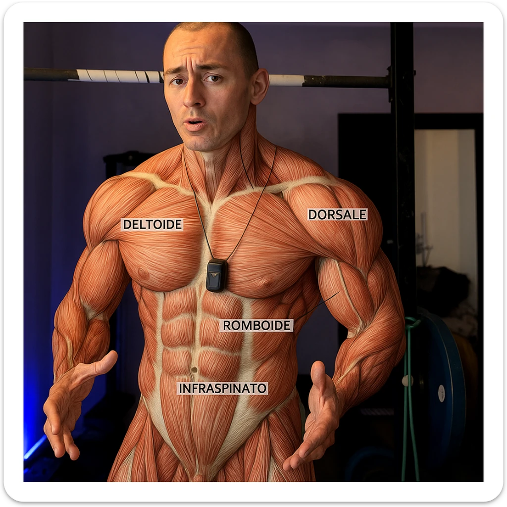 Highlight the muscle fibers of the man's body in the reference photo in a realistic anatomical style, maintaining the original pose and expression. Add labels in Italian for the shoulder and back muscles: deltoide, trapezio, dorsale, romboide, infraspinato. sticker