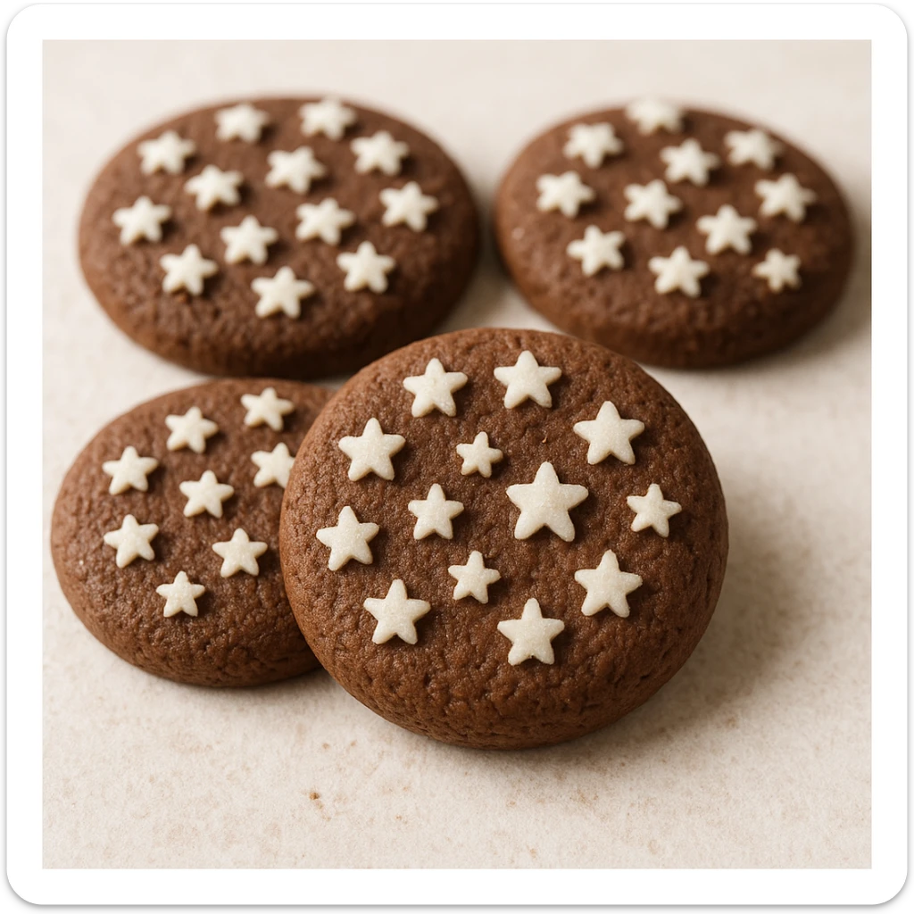 realistic Italian Pan di Stelle cookies, cocoa cookies with white sugar stars, light background sticker