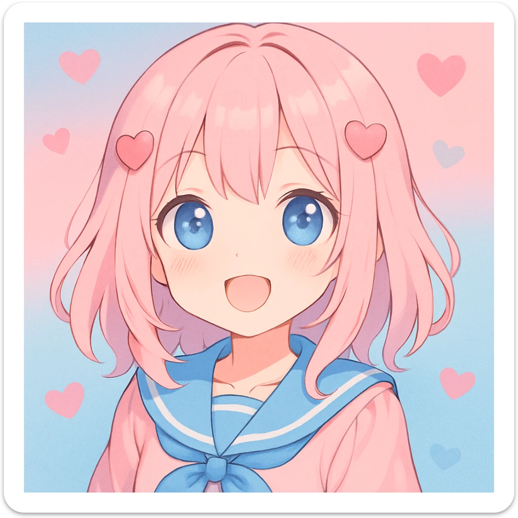 Add a pastel pink and blue background to the adorable anime-style girl, keeping the style consistent with the original anime kawaii style. sticker