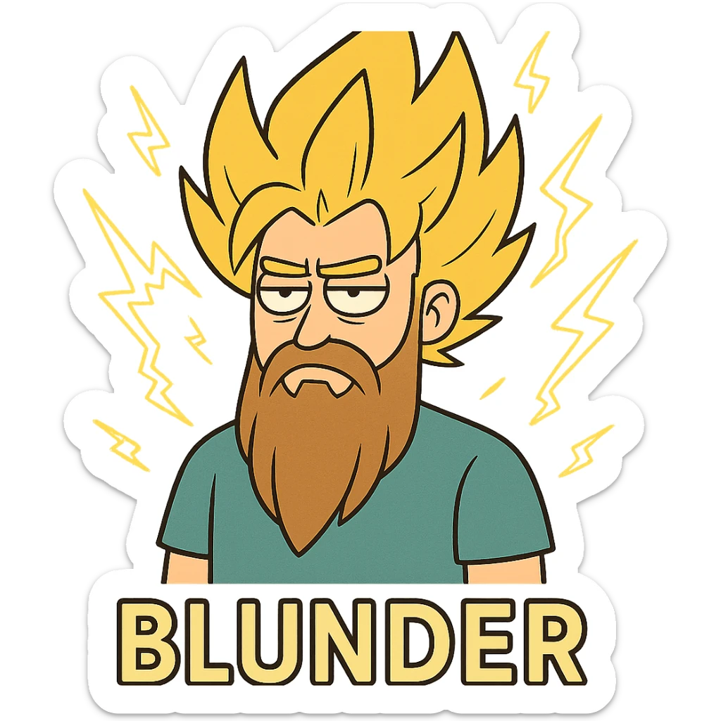 anime style character, super Saiyan hair, long beard, unimpressed, lightning accents, the word 'blunder' at the bottom sticker