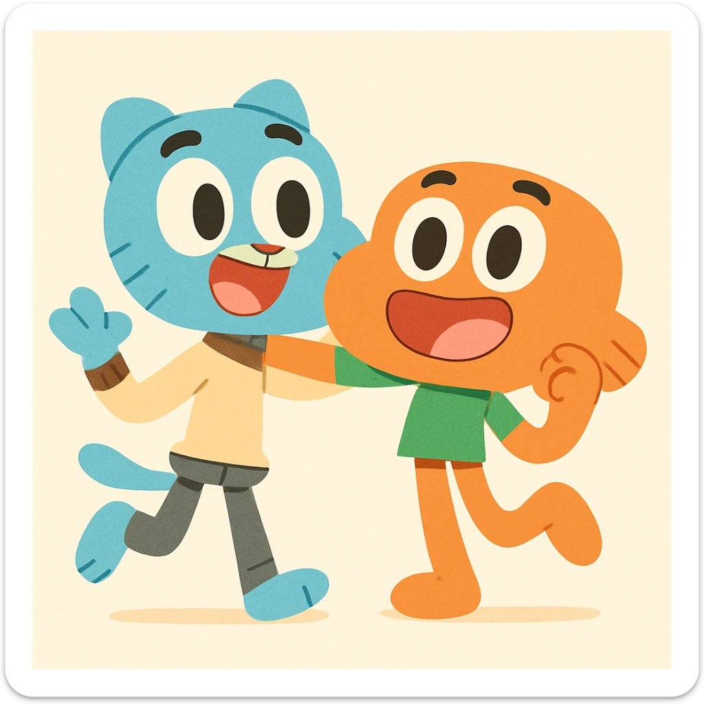 Gumball and Darwin, two cartoon characters, in a playful pose, pastel toon style sticker