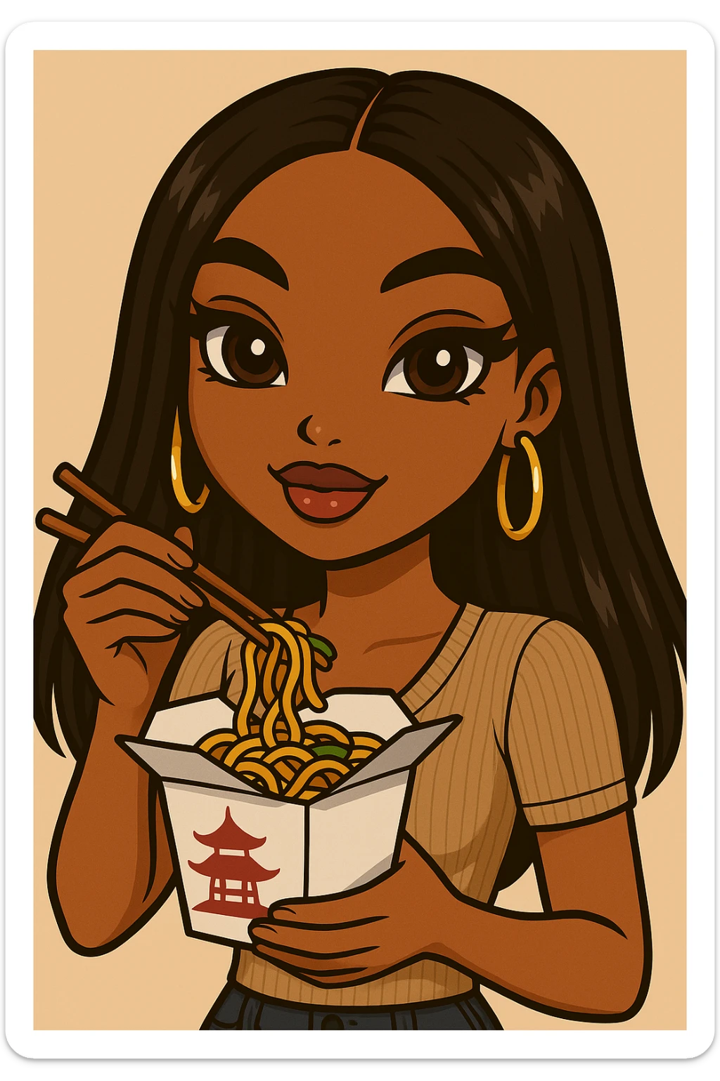 Change the pose to a headshot only of a 20-year-old anime Bratz style woman with dark skin, straight hair, trendy outfit, big expressive eyes, glossy lips, no hat, no tears, happy expression, looking straight ahead, eating out of a to-go Chinese food container with chopsticks. sticker
