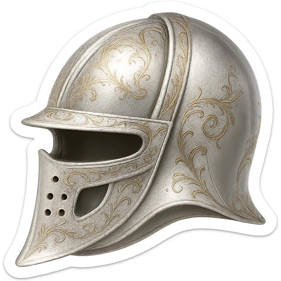 Recolor this helmet to a very light metallic silver color with ornate gold engravings. Emphasize a bright, reflective silver finish and detailed gold engravings. Transparent background. sticker