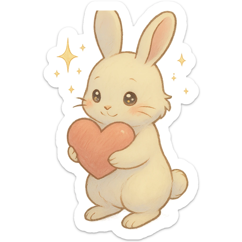 full-body milky white bunny with sparkling eyes, holding a big heart, sparkles floating around, dreamy pose, soft pastel colors, ghibli style sticker