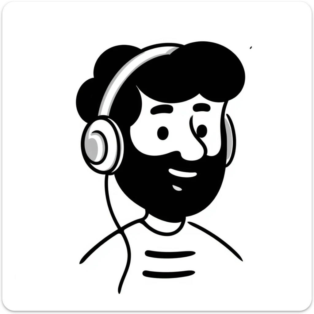 A person with black hair, brown eyes, black beard wearing gaming headphones, saying "Bonjour!" sticker