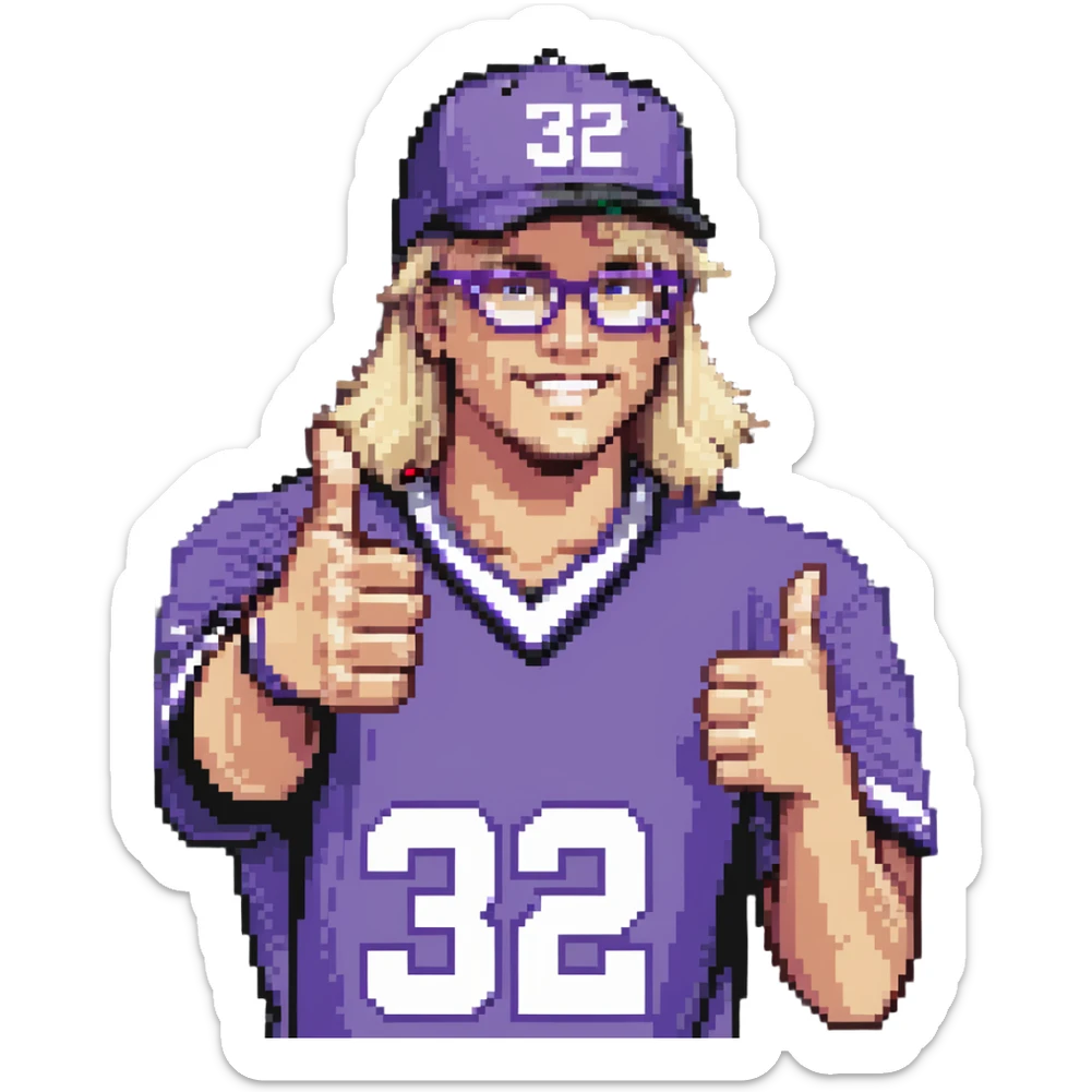 Man with black and white cap, purple sports jersey with number 32, clear glasses, light blond mullet hairstyle, thumbs up gesture sticker
