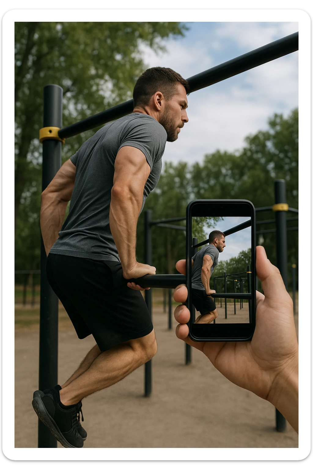 uomo che fa Muscle up e si sta filmando di lato con il telefonino che lo riprende mentre si allena, così da analizzarsi dopo sticker