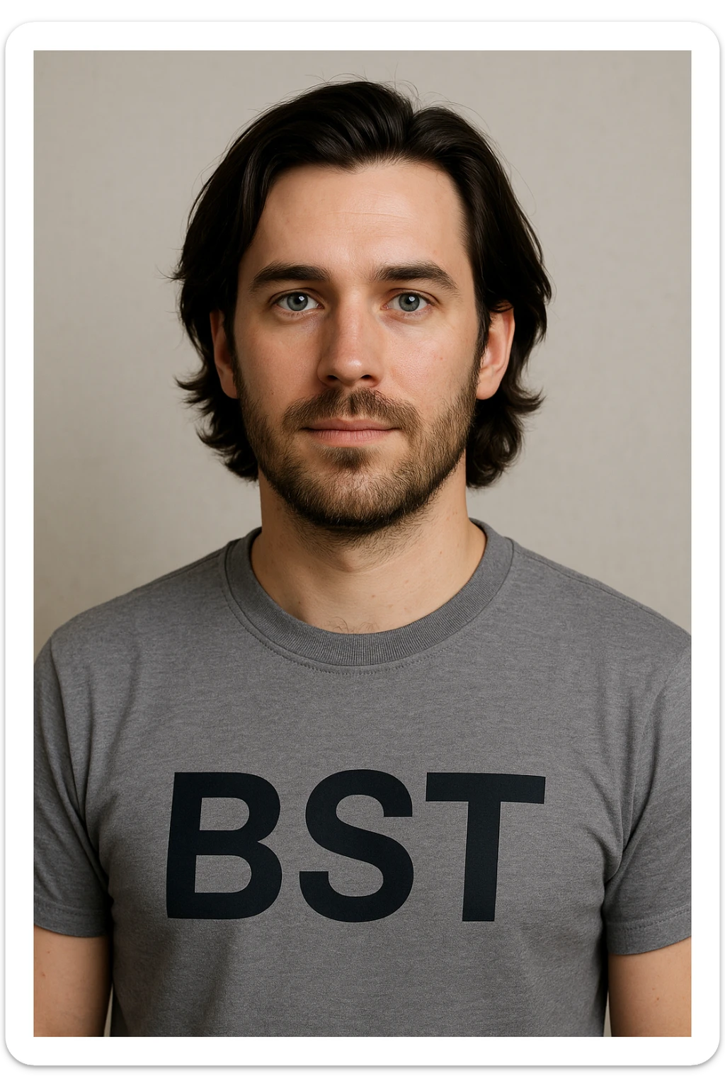 male avatar, 30 years old, Caucasian with white skin, dark slightly long hair, blue eyes, shown from chest up, wearing a shirt with 'BST' written on it sticker