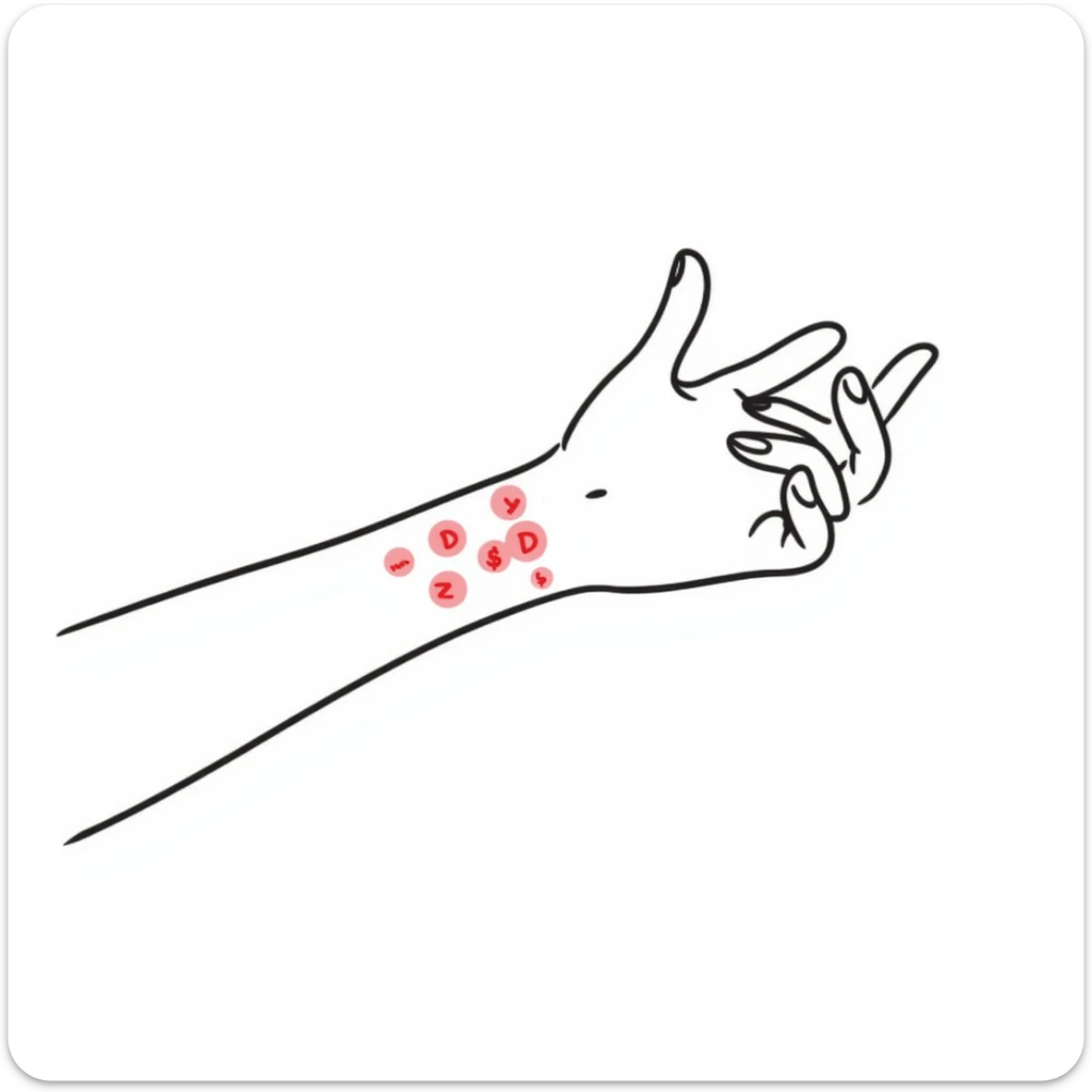 Detailed drawing of arm showing allergy skin prick test on forearm with small red welts, hand with all 5 fingers visible sticker