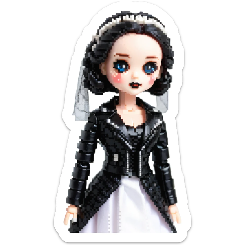Chucky's bride doll wearing a black dress and black leather jacket, with dark makeup sticker
