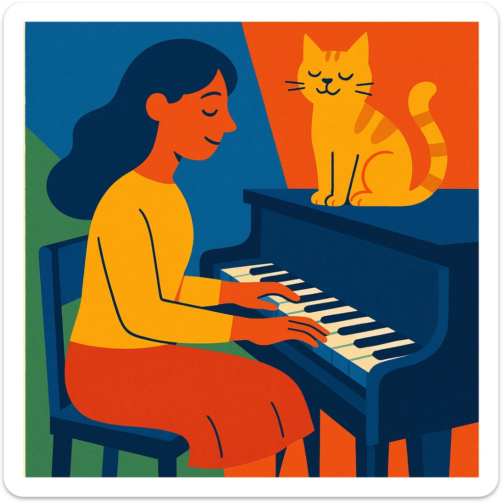 woman playing piano while her cat sits on top of the piano sticker