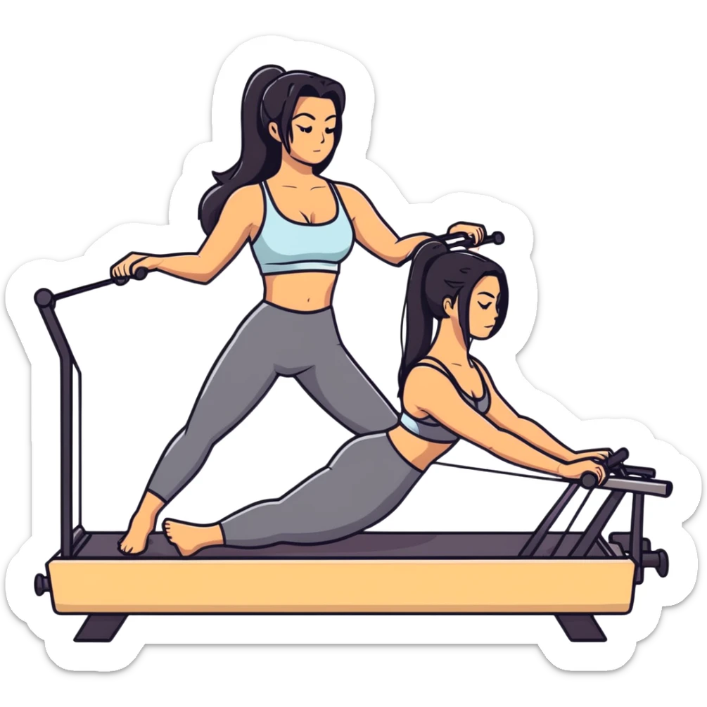woman with bra, tanned long black hair, doing Pilates reformer sticker