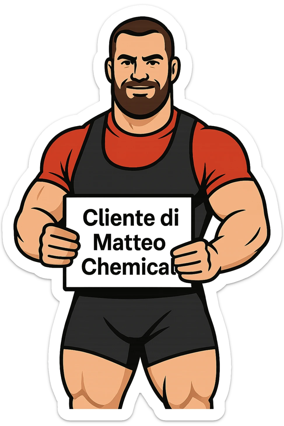 Powerlifter con in mano una targa o un foglio con scritto "Cliente di Matteo Chemical" sticker