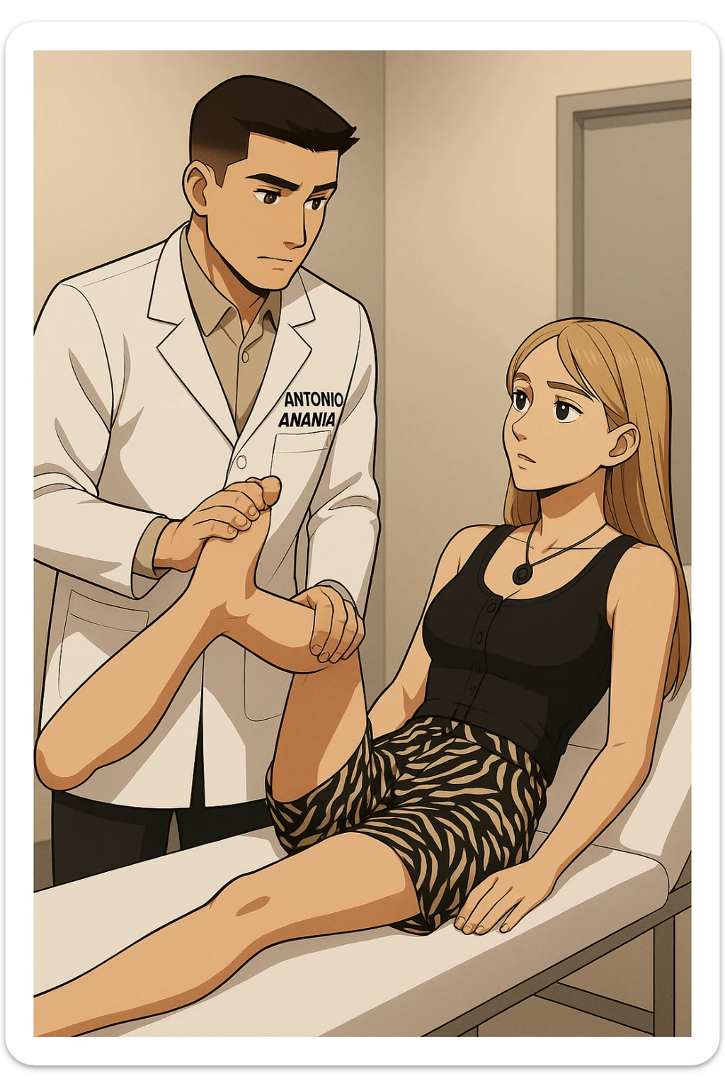 fai un webtoon/manga a colori con questo kinesiologo in camice bianco (fagli la scritta "ANTONIO ANANIA" SUL CAMICE) CHE SVOLGE UN TEST NEUROMUSCOLARE SOLLEVANDO UNA GAMBA ALLA RAGAZZA CHE è STESA SU UN LETTINO BIANCO. DURANTE IL TEST I DUE DIALOGANO TRA LORO. NON FARE I FUMETTI, FAI SOLO LORO COME SE DIALOGASSERO sticker