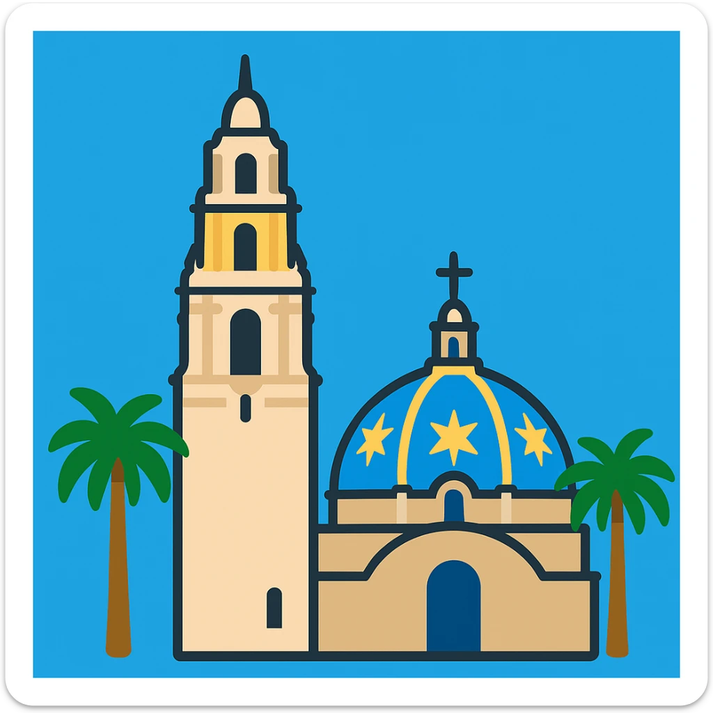 Add palm trees to the apple-style emoji of the California Tower in San Diego, keeping the blue sky background and simplified emoji style. Maintain the look of an apple style emoji with clear, simple shapes and colors. sticker