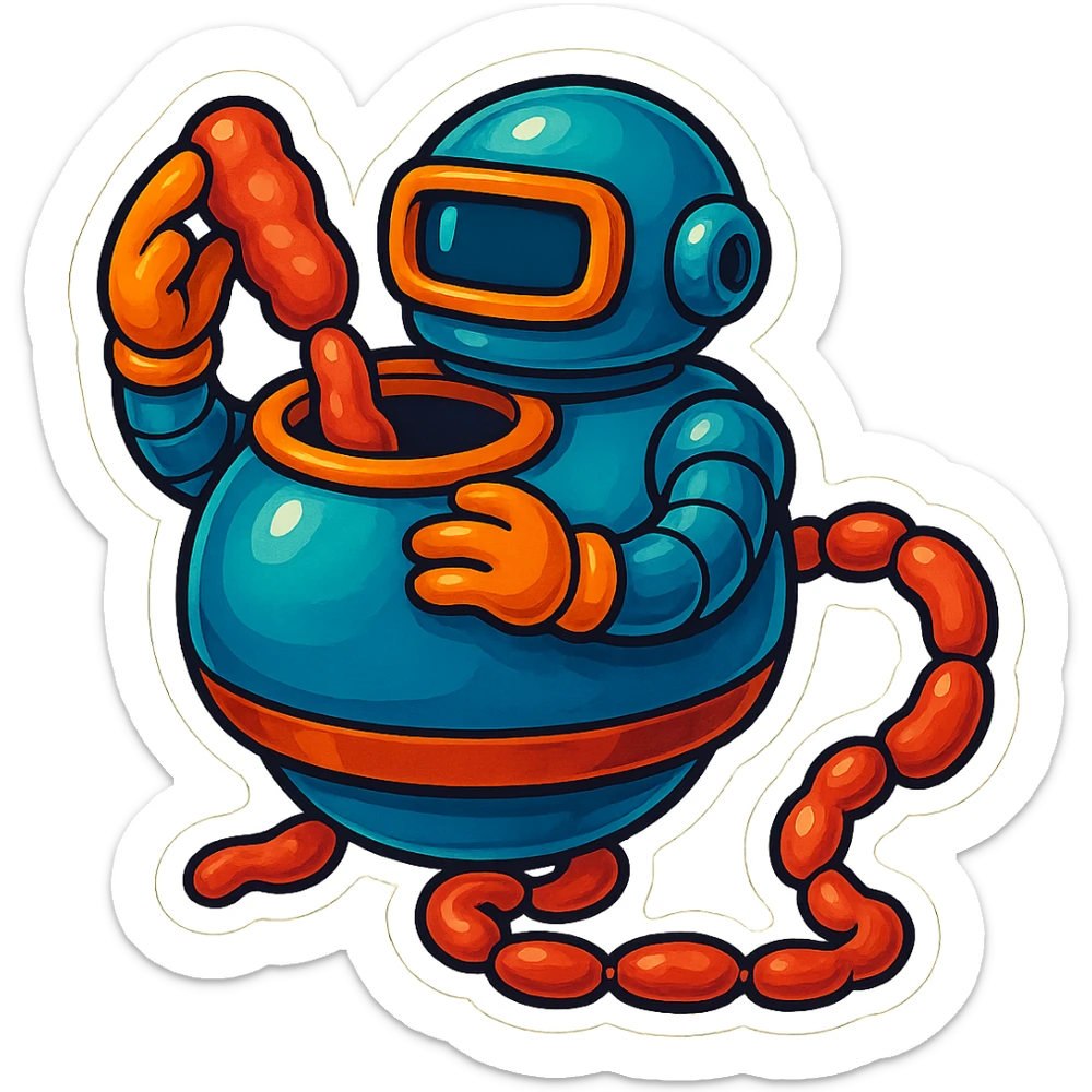 a robot that uses arms to put meat in large hole on top. sausage links come out robots rear. no legs on robot. robot hovers. robot feeds itself meat sticker
