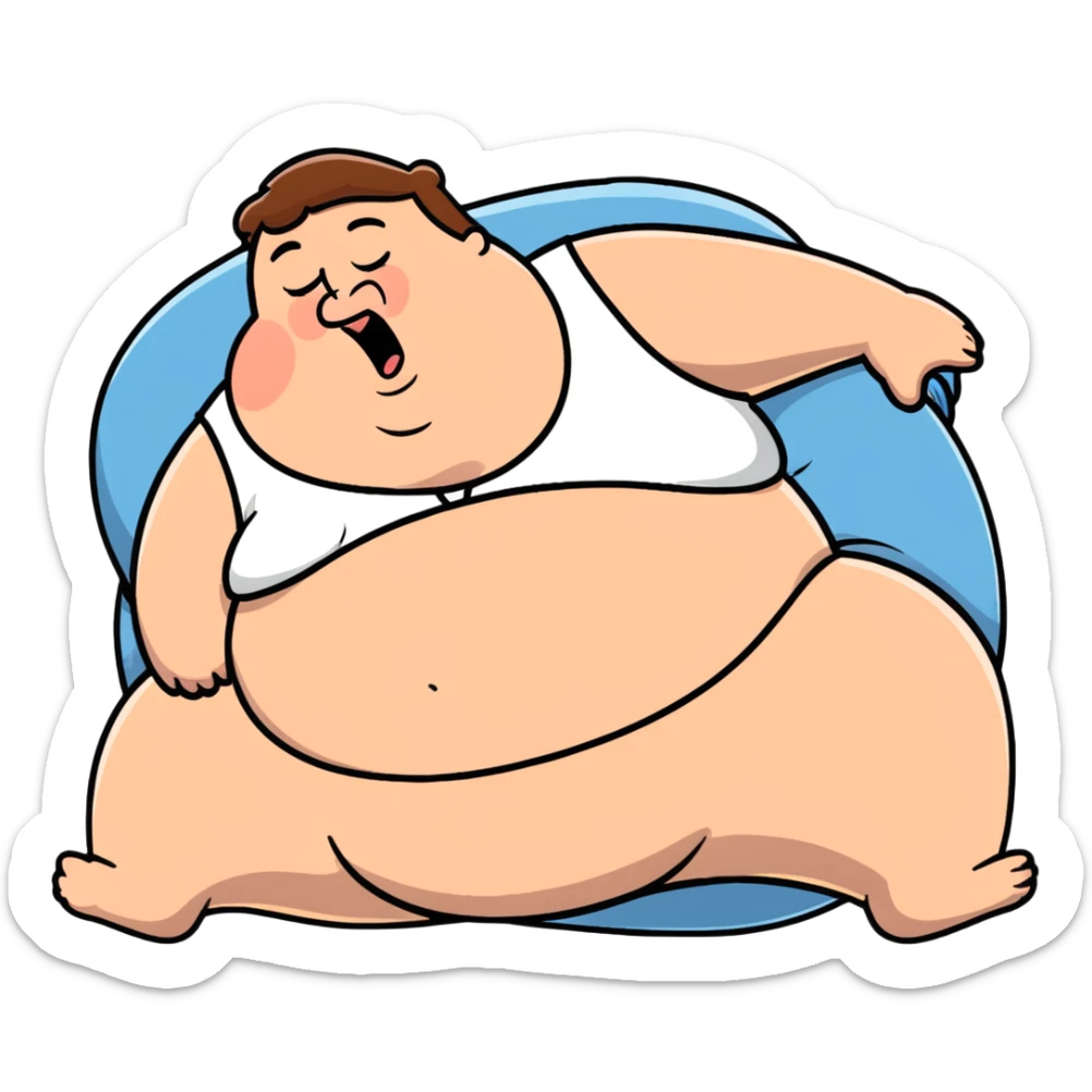 Peter Griffin from Family Guy with a huge pregnant belly, laying down on his back, sweating, exhausted expression, wearing his signature outfit sticker