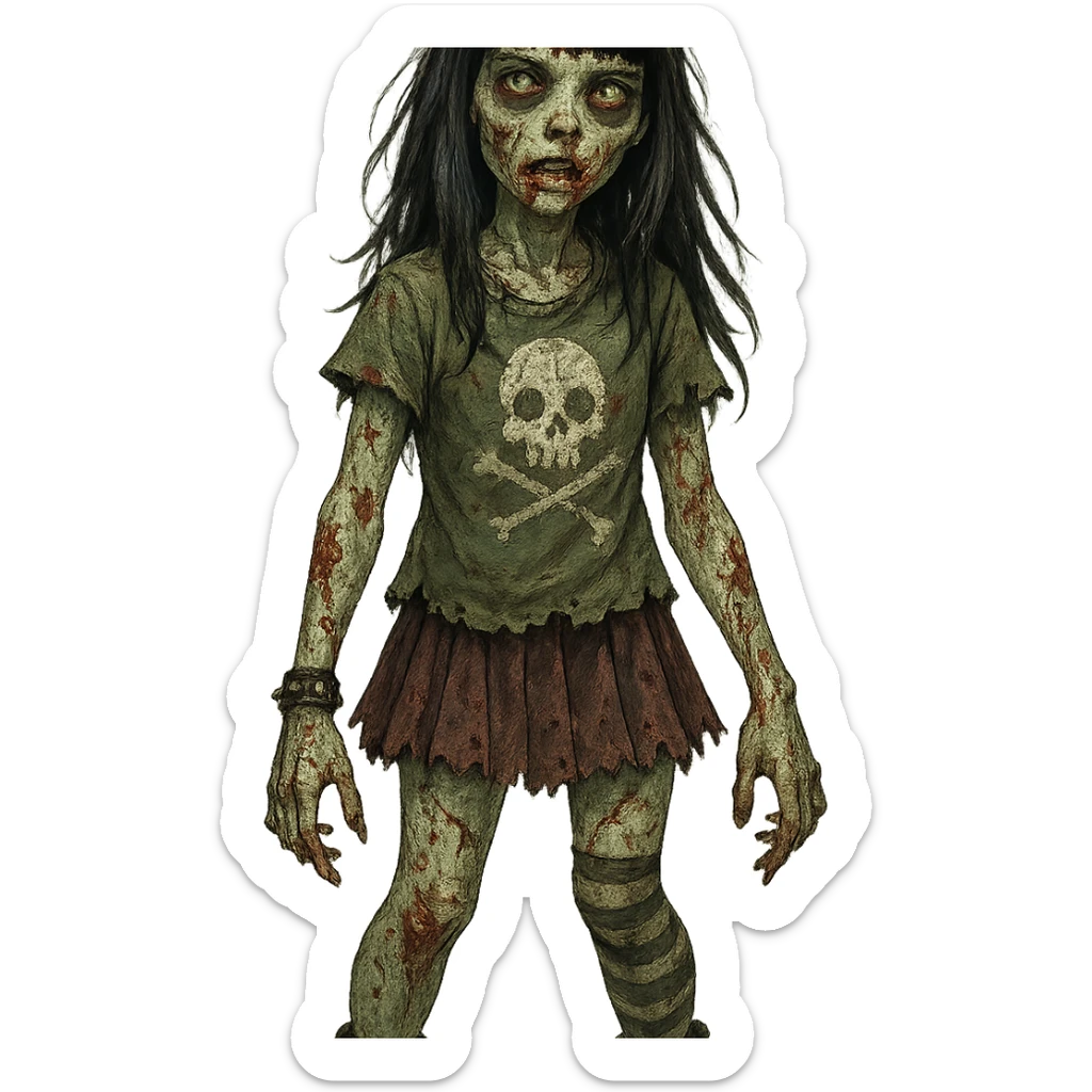 zombie girl with light skin, long black hair with bangs, unique style, detailed character design sticker