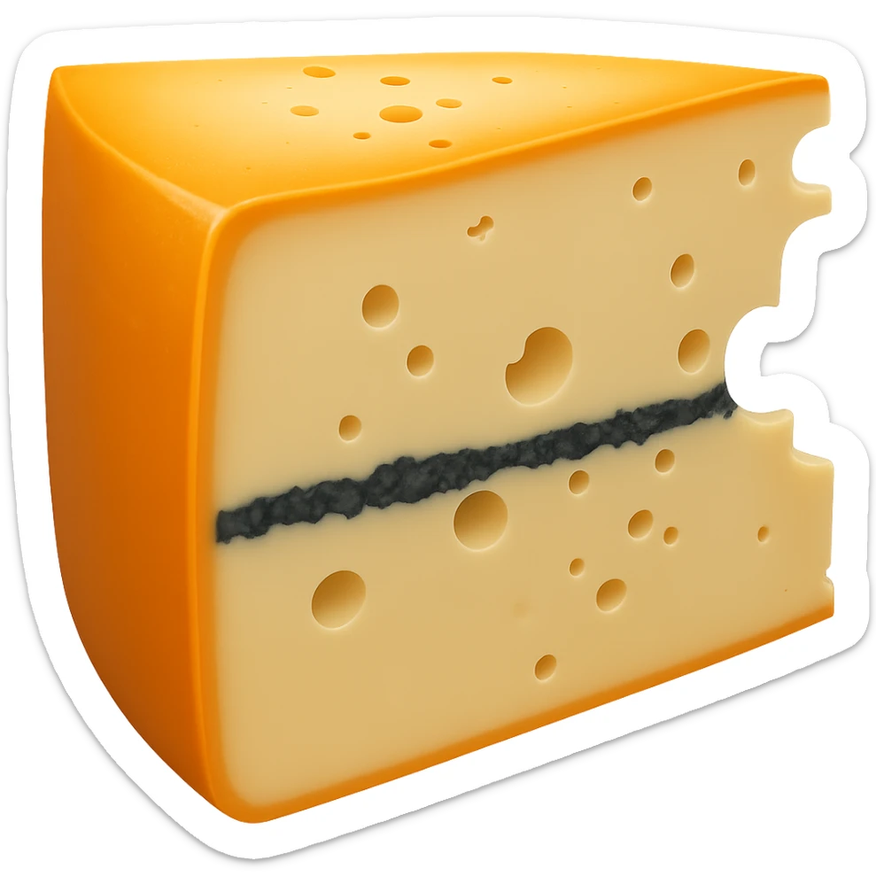 Make the blue-grey ash line in the center of the Morbier cheese wedge noticeably thicker, keeping the rest of the cheese details the same. Maintain the apple emoji style with soft lighting and subtle shadows. Transparent background, emoji scale. sticker