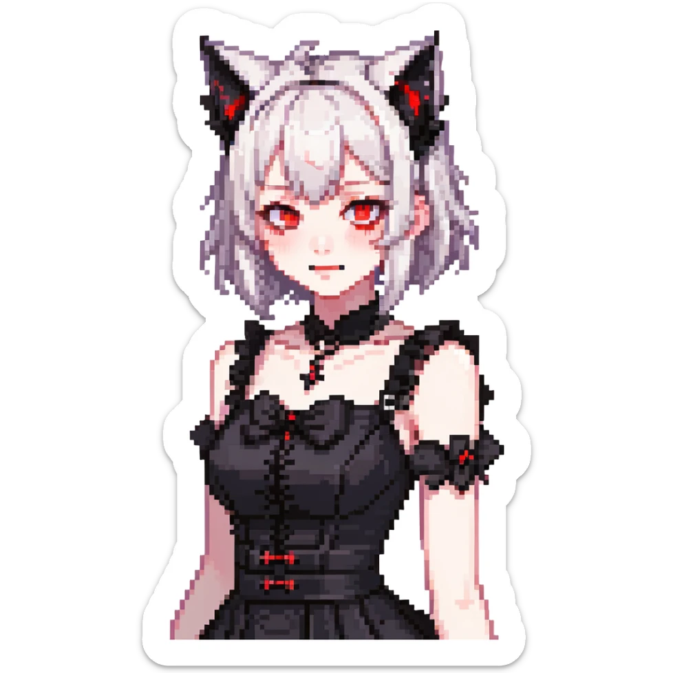 neko anime girl emoji, gothic black dress, glowing red eyes, fanged smirk, pale skin, cat ears, dark vibe sticker