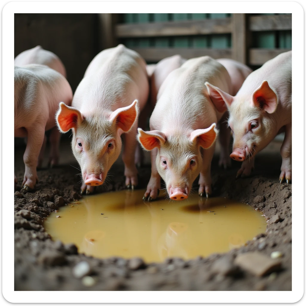 realistic scene of a group of pigs in a muddy pen, one pig lowering to drink from a yellowish puddle, rural atmosphere, natural details, 4K quality sticker