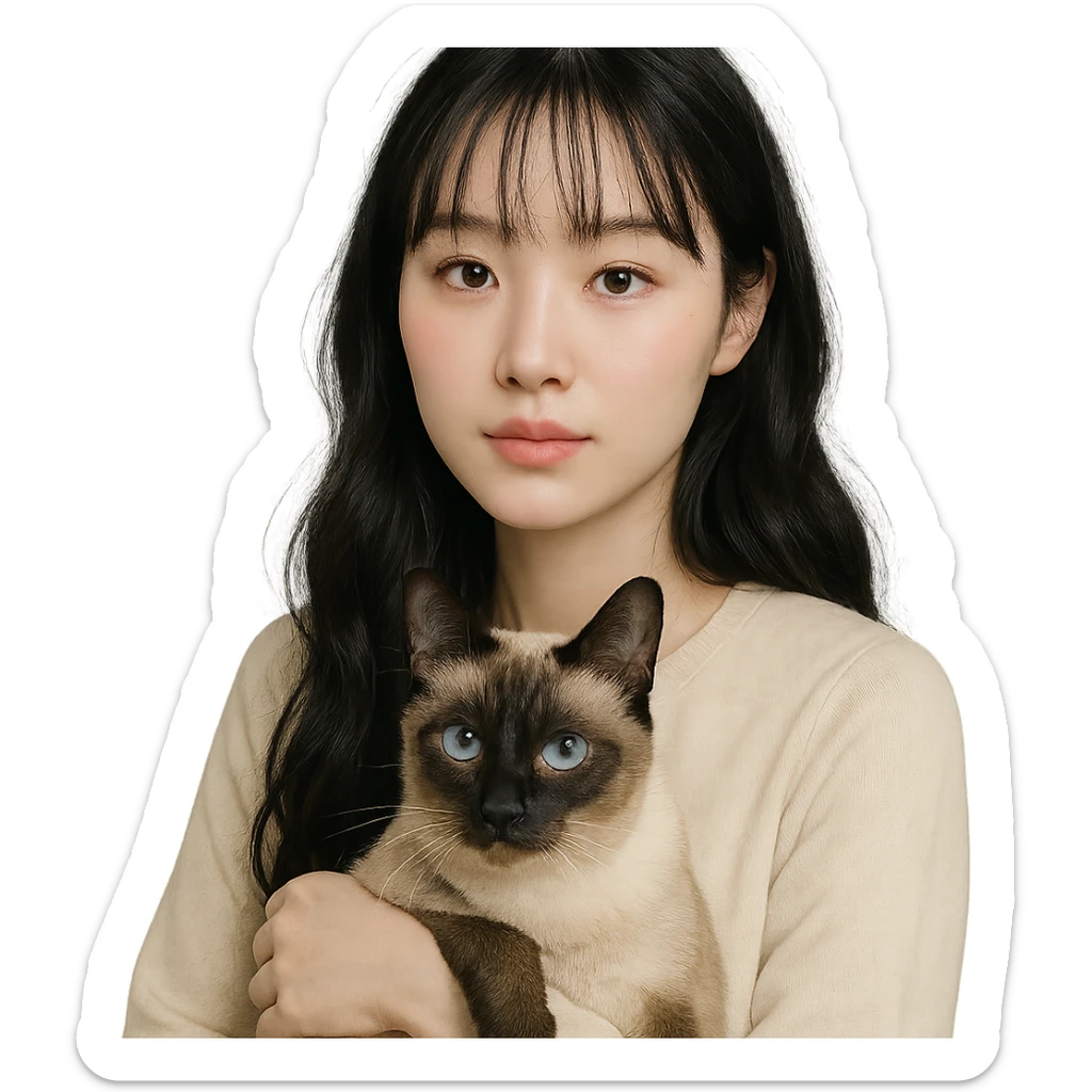 white-skinned East Asian woman with black see-through bang bangs, long wavy hair down to chest, round brown eyes, light pink blush on cheeks, pink lips, holding a Siamese cat sticker