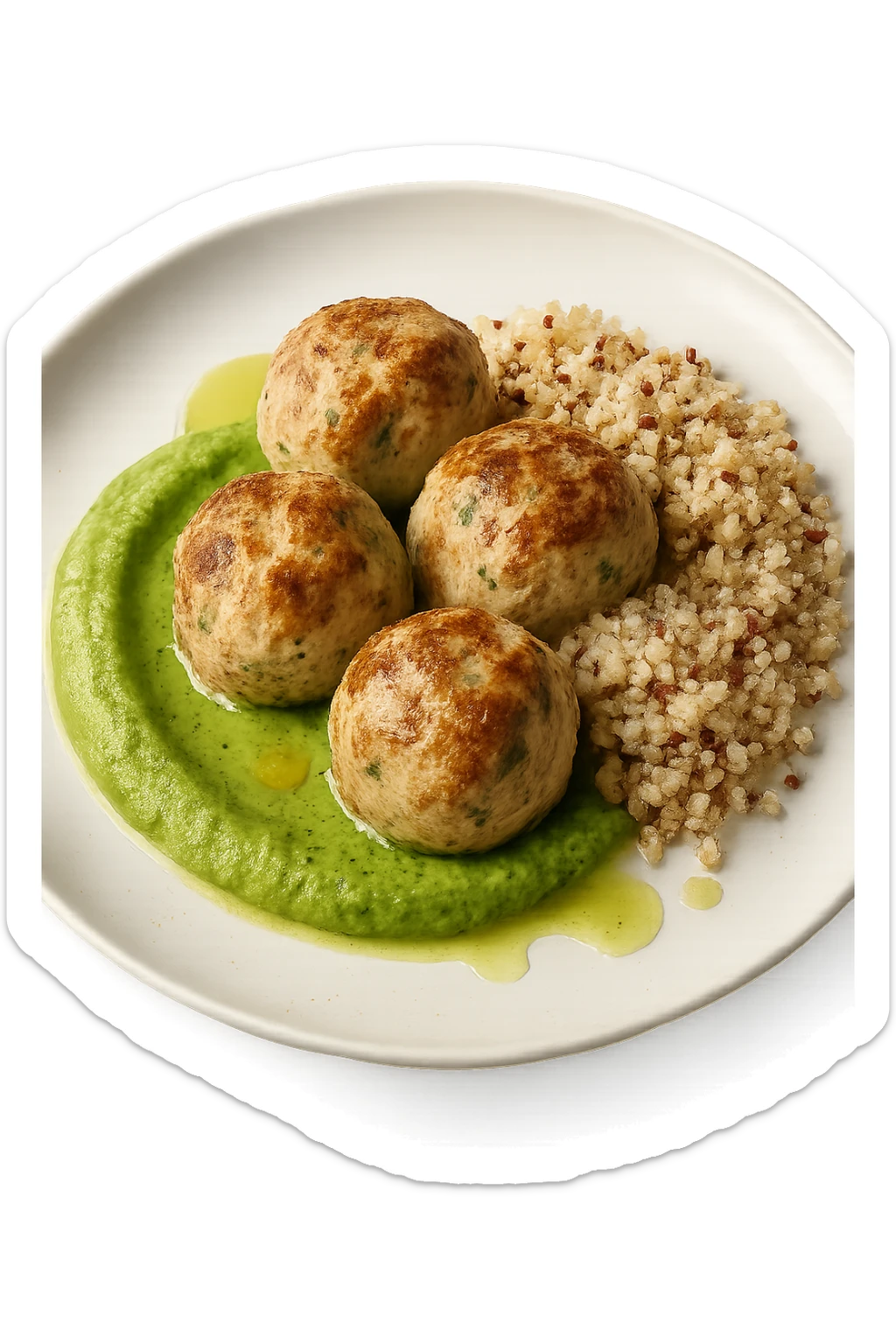 polpette di tacchino, purè di zucchine, quinoa e olio di oliva, iperrealistico 4k sticker