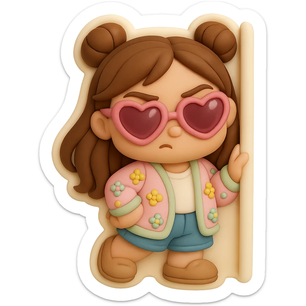 Create a 3D chibi fondant cake art style image of a girl based on the reference image. Preserve facial features and eye shape exactly as in the reference. She has long brown hair styled in two space buns, brown eyes, and shoes. The girl is posing playfully wearing pink heart-shaped sunglasses with a shiny highlight on the lenses, looking sassy and confident. Include a thick white outline like a sticker and ensure the background is transparent. The rendering should be high-quality with smooth shadows and soft gradients. sticker