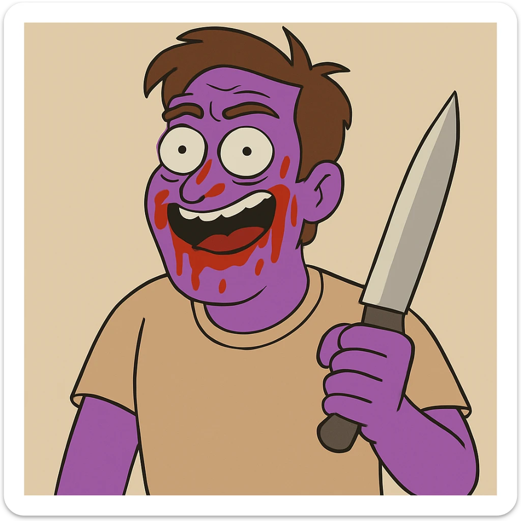 Edit the image of a man to have purple skin, keep everything else as in the original, cartoon style, holding a knife, ketchup on the face, humorous expression, neutral background. sticker