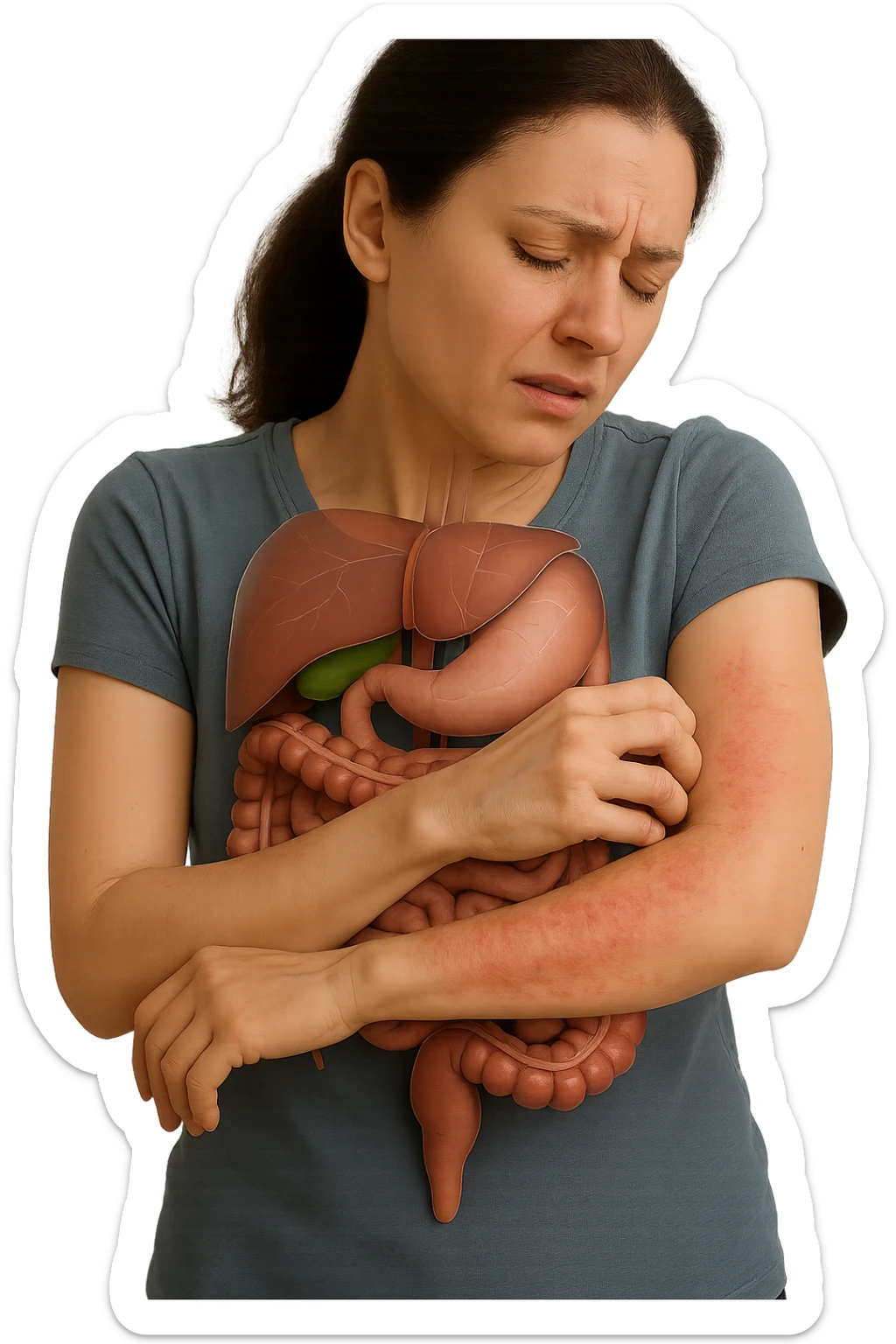 donna con intestino umano anatomico realistico che si gratta il braccio su cui ha un'eritema, iperrealistica 4k sticker
