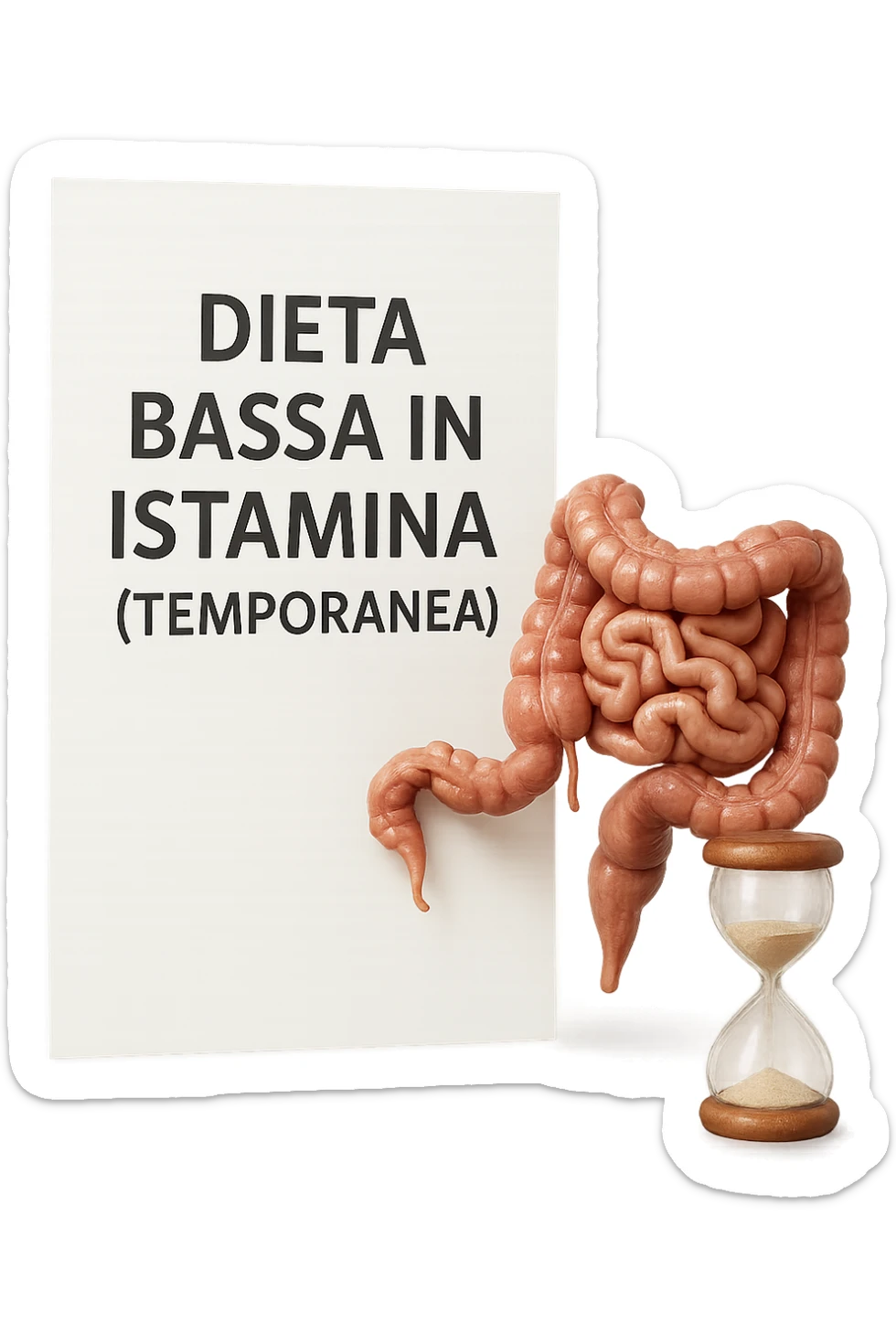 foglio di carta di una dieta con la scritta "DIETA BASSA IN ISTAMINA (TEMPORANEA), E ACCANTO CI METTI UN INTESTINO IN MINIATURA E UNA CLESSIDRA, iperrealistico 4k sticker