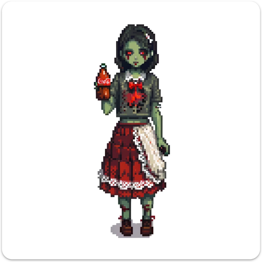 Generate an Asian girl, dark-haired, she's a zombie, wearing a skirt with lace, slightly torn,
Holding a bottle of Coca-Cola in her hands.
Background: a dark street in the style of Gotham City  sticker