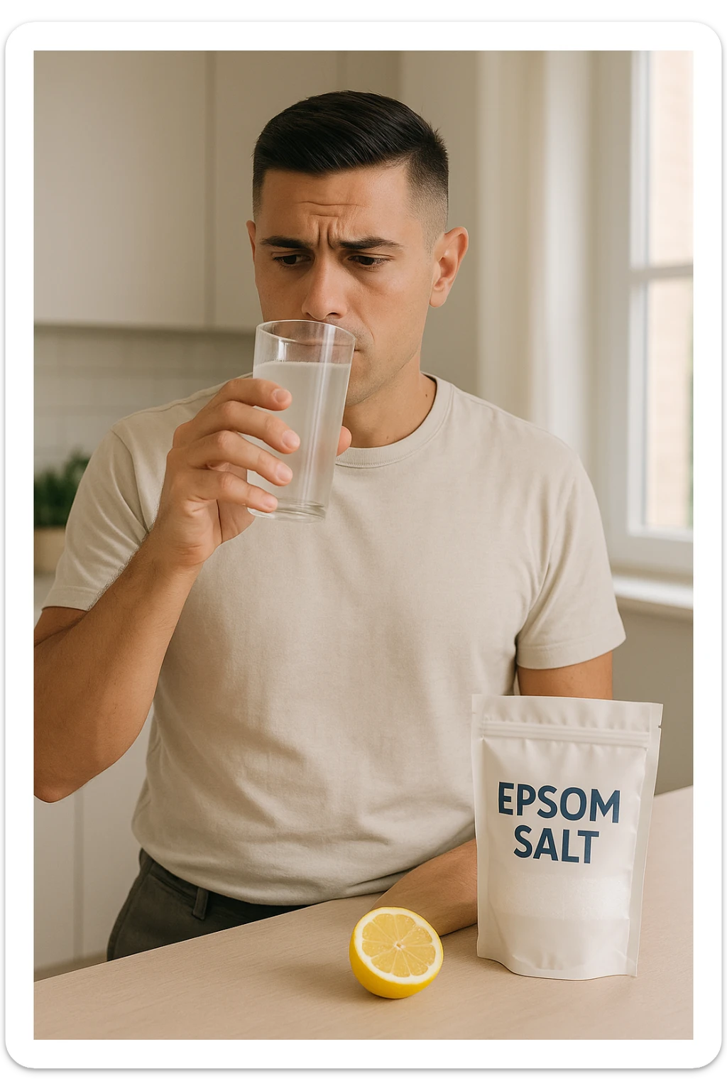 A realistic, bright photo-style image of a young man in his 30s standing in his kitchen, holding a clear glass filled with water in which Epsom salt (magnesium sulfate) has been dissolved. He looks focused but slightly uncertain as he prepares to drink it for a liver flush or digestive cleanse. The glass shows slight cloudiness from the dissolved salt. On the counter are a packet labeled 'Epsom Salt' and a sliced lemon, suggesting he might use it to mask the taste. The setting is clean, natural, and bright with neutral tones. The background shows sunlight streaming through a window, emphasizing a clean, minimalist health-focused environment. The mood conveys a realistic, calm moment of self-care with a hint of discomfort, illustrating a natural detox practice in italiano sticker