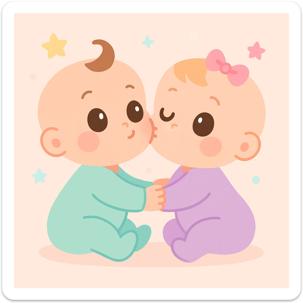 two cartoon babies kissing, playful and cute, pastel colors sticker