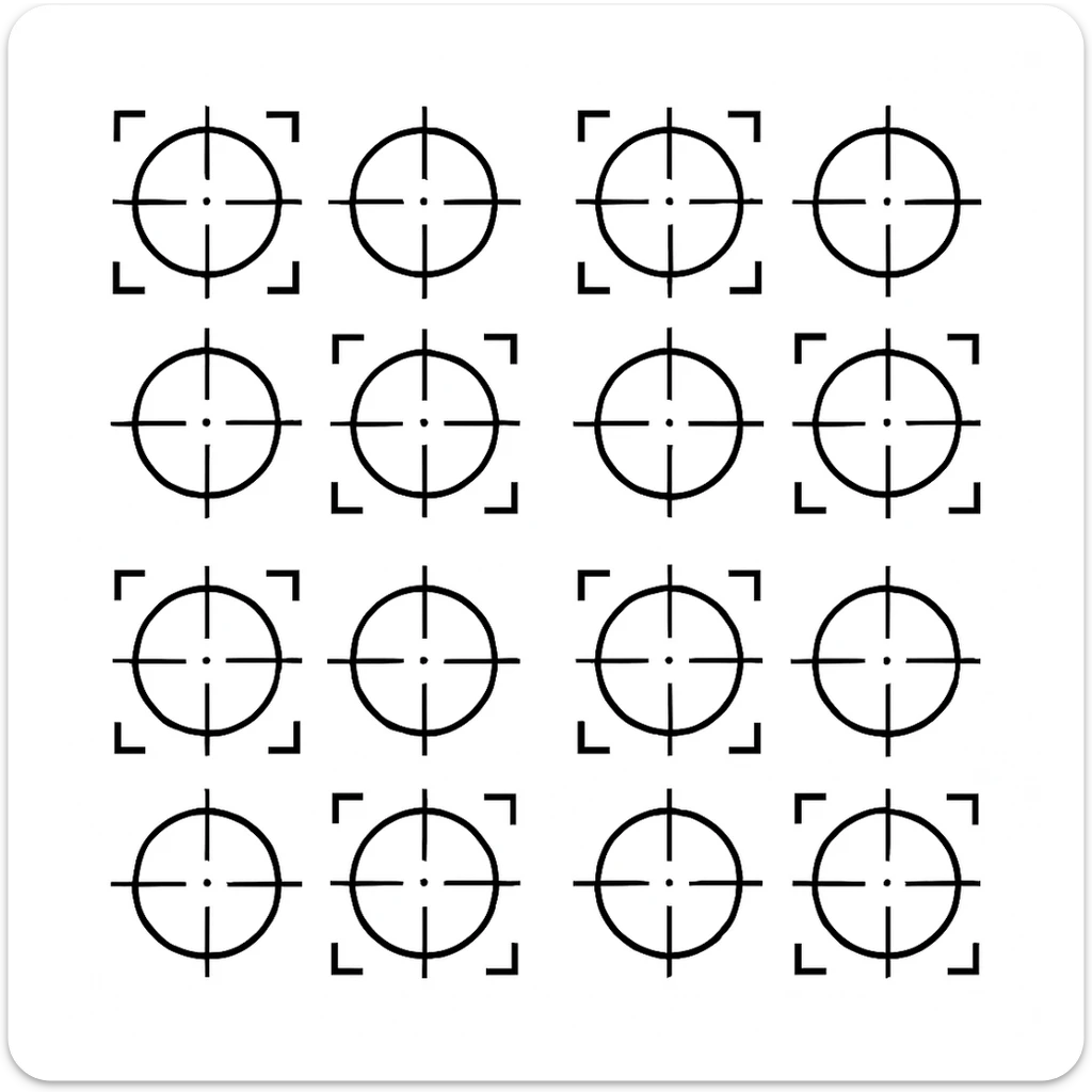 a series of layout markings spaced in an even symmetrical grid, as in camera viewfinder crosshairs. black and white high contrast, precision optics sticker