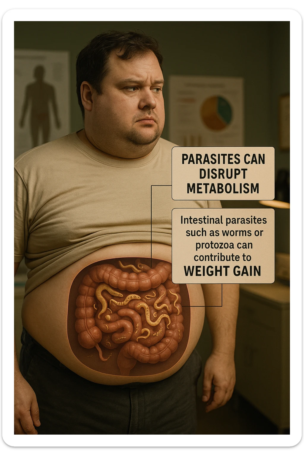 cinematic photo an overweight man is shown with a semi-transparent abdomen, highlighting the intestines filled with various types of parasites (such as worms or protozoa). Educational callouts explain how these parasites can disrupt metabolism and contribute to weight gain. The setting is a medical office, with charts and diagrams in the background. in italiano sticker