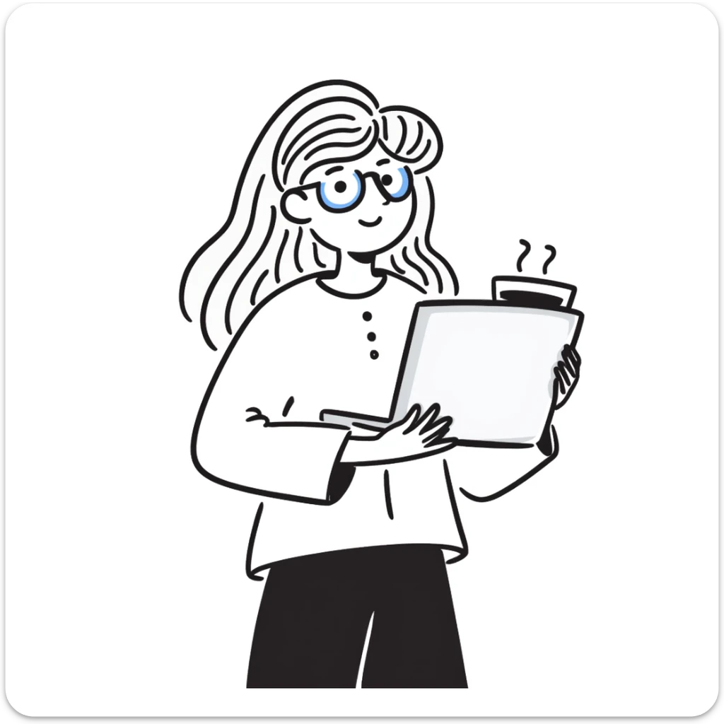 A girl with blonde hair and blue hair wearing glasses holds a laptop and a glass of coffee sticker