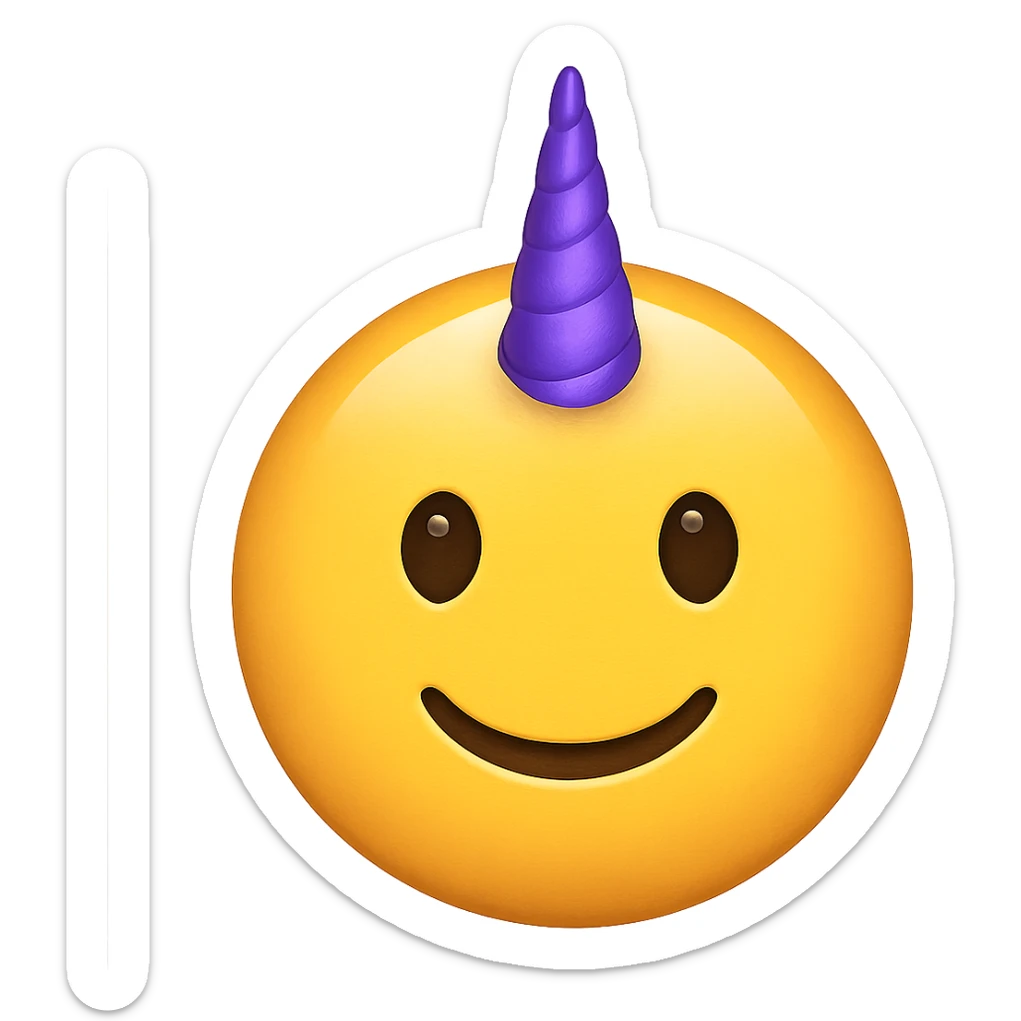 yellow face with purple unicorn horn, digital illustration, emoji style sticker