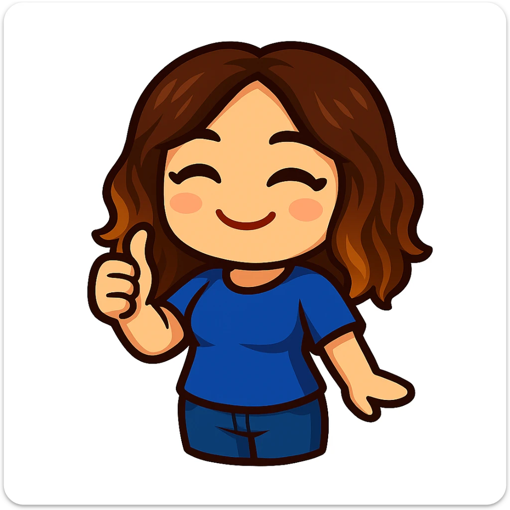 Create a chibi emote of a woman from the reference wearing a blue t-shirt and jeans, giving thumbs up, no headband, no wand, matching the attached green heart emote as a base, transparent background sticker