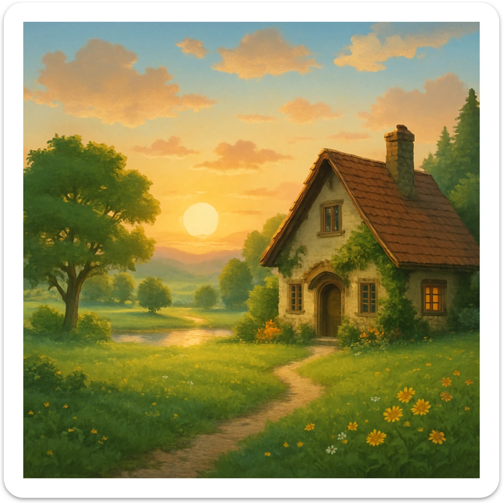 dream life as a peaceful landscape with a cozy house, sunrise, and nature, in ghibli style sticker
