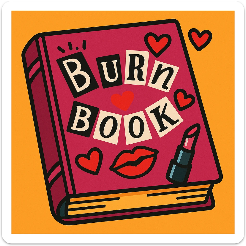 cartoonish burn book with a burgundy cover, inspired by Mean Girls, featuring hearts and lipstick marks sticker