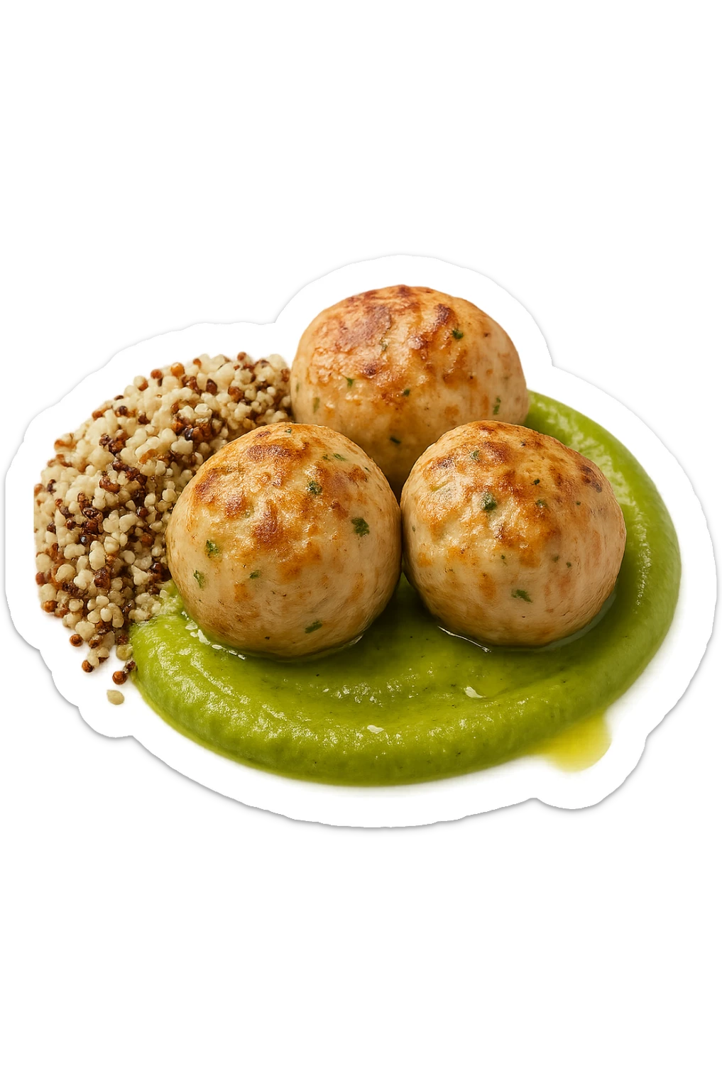 polpette di tacchino, purè di zucchine, quinoa e olio di oliva, iperrealistico 4k sticker