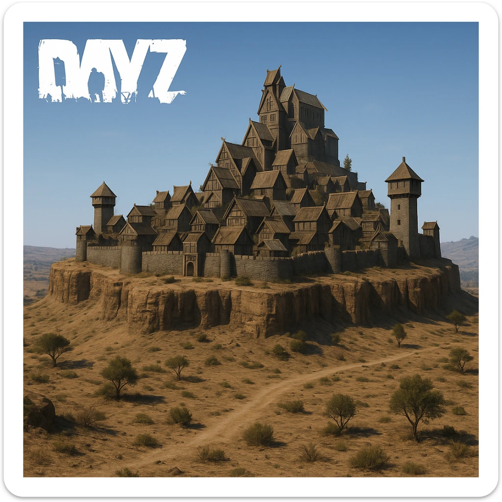 A small hilltop mesa city in the videogame dayz, screensot, based on whiterun sticker