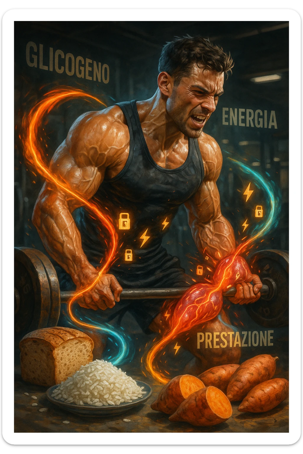 Uomo atletico di circa 30 anni durante un allenamento intenso in palestra, con muscoli ben definiti e sudati. Intorno a lui si visualizzano flussi energetici colorati che partono da fonti di carboidrati (pane integrale, riso, patate dolci) e si dirigono verso i suoi muscoli. I muscoli appaiono attivi, tesi e in pieno sforzo, con piccoli simboli di 'carburante' o energia che entrano nei tessuti. Espressione concentrata e potente. Sullo sfondo, parole come 'glicogeno', 'energia', 'prestazione'. Atmosfera dinamica, intensa e positiva. in italiano sticker