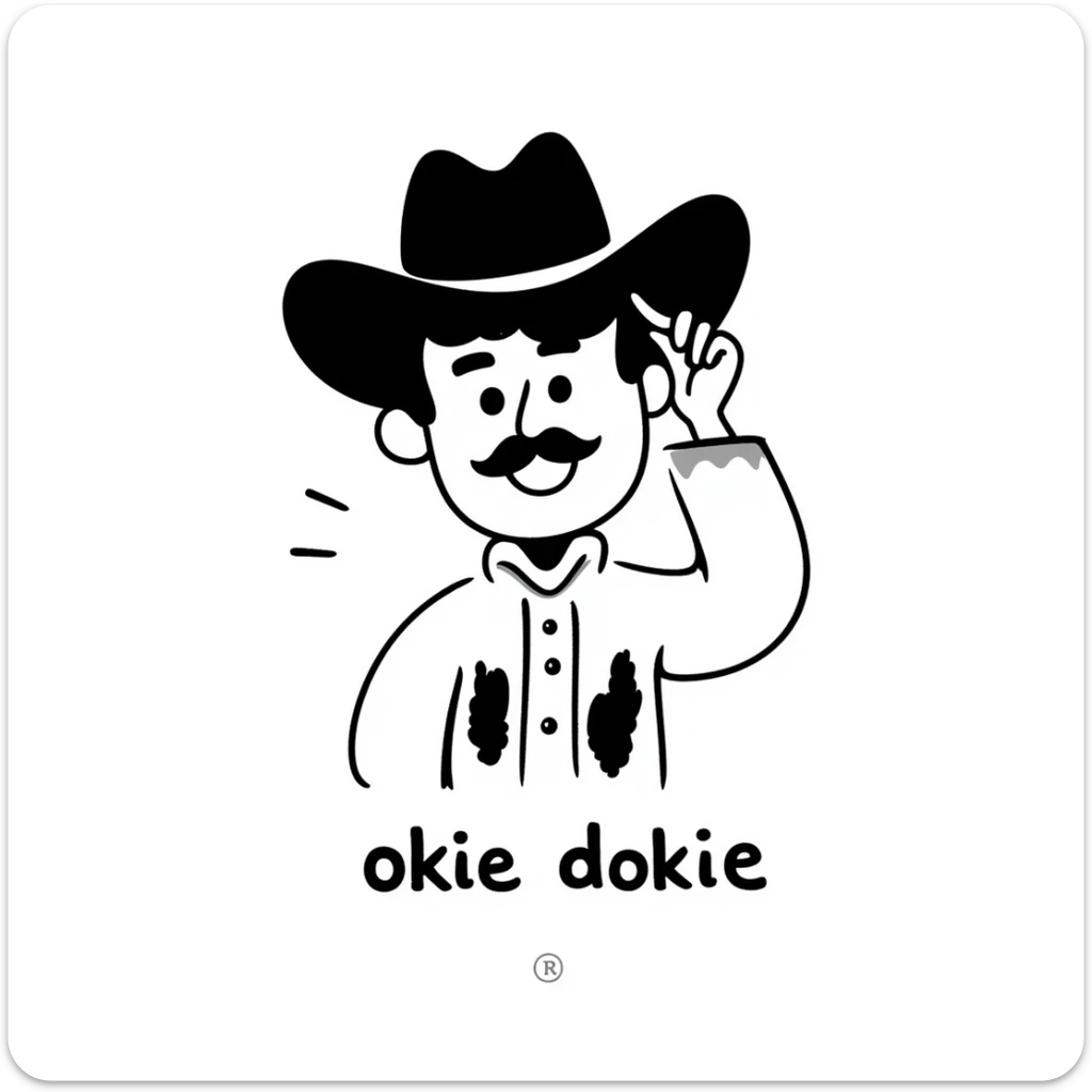 playful emoji of a cowboy tipping his hat, with the phrase 'okie dokie' in a handwritten style sticker