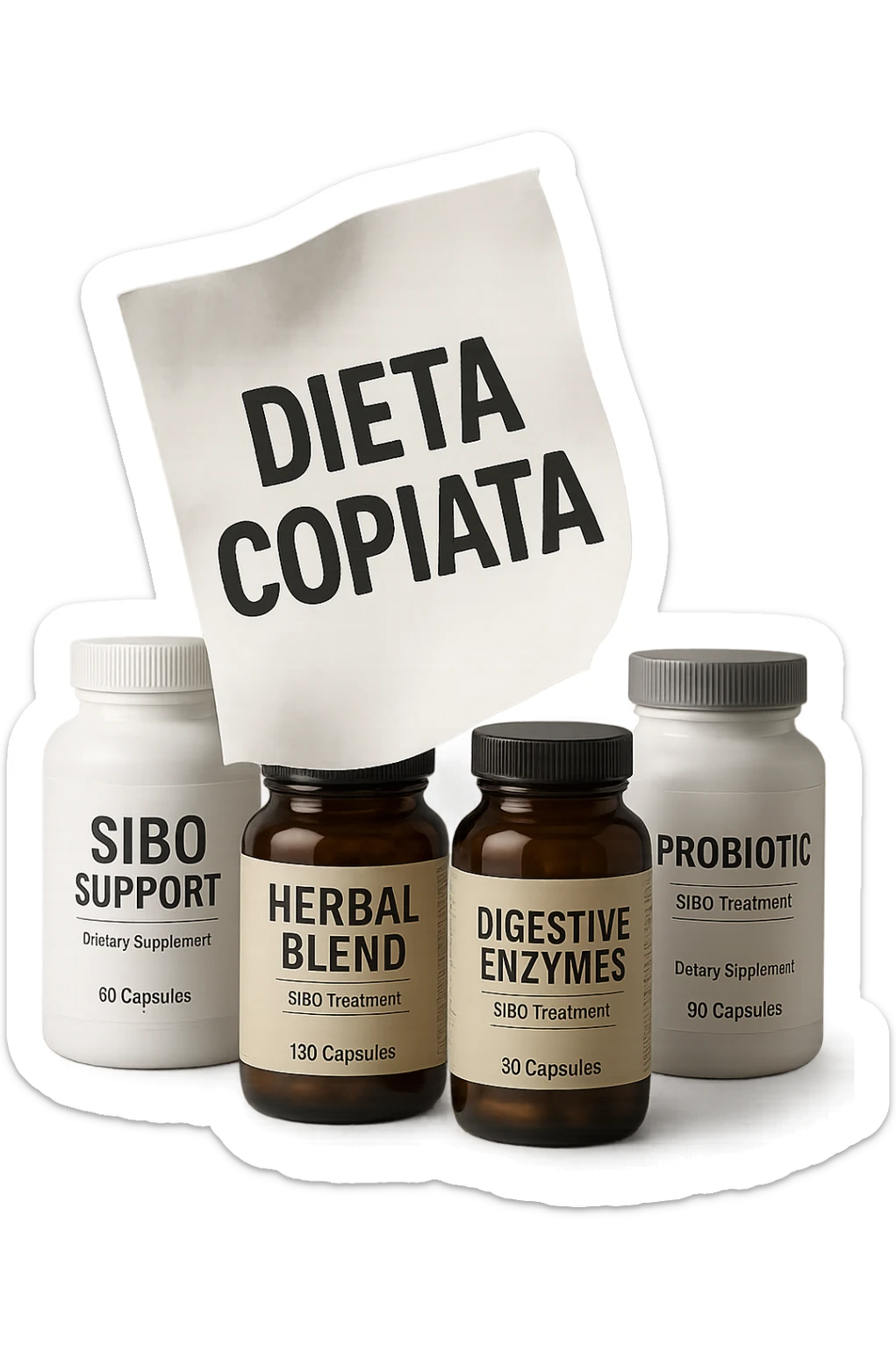 FOGLIO DI CARTA FLUTTUA IN ARIA CON LA SCRITTA "DIETA COPIATA", INSIEME A BARATTOLI DI INTEGRATORI PER CURARE IL SIBO IN ITALIANO, IPERREALISTICO 4K, NON DISEGNATO sticker