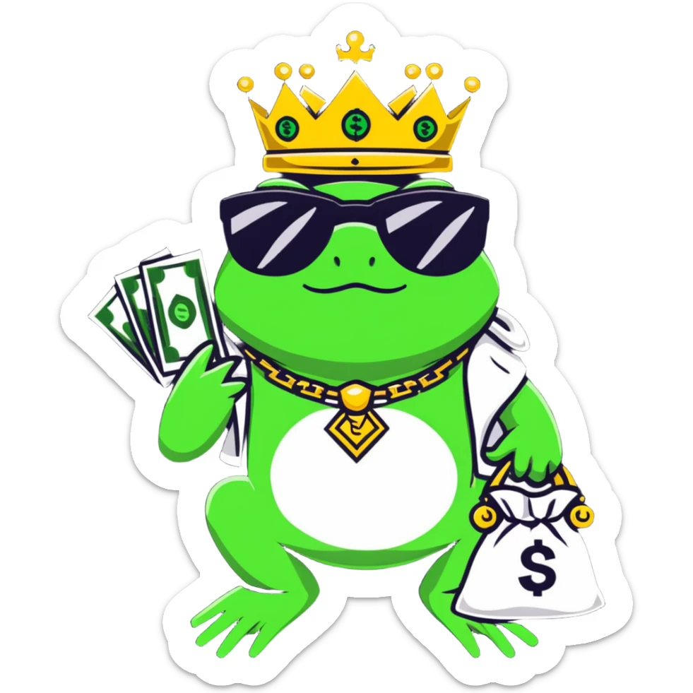 gangster frog king with gold crown, cool sunglasses, gold chain, money bag sticker