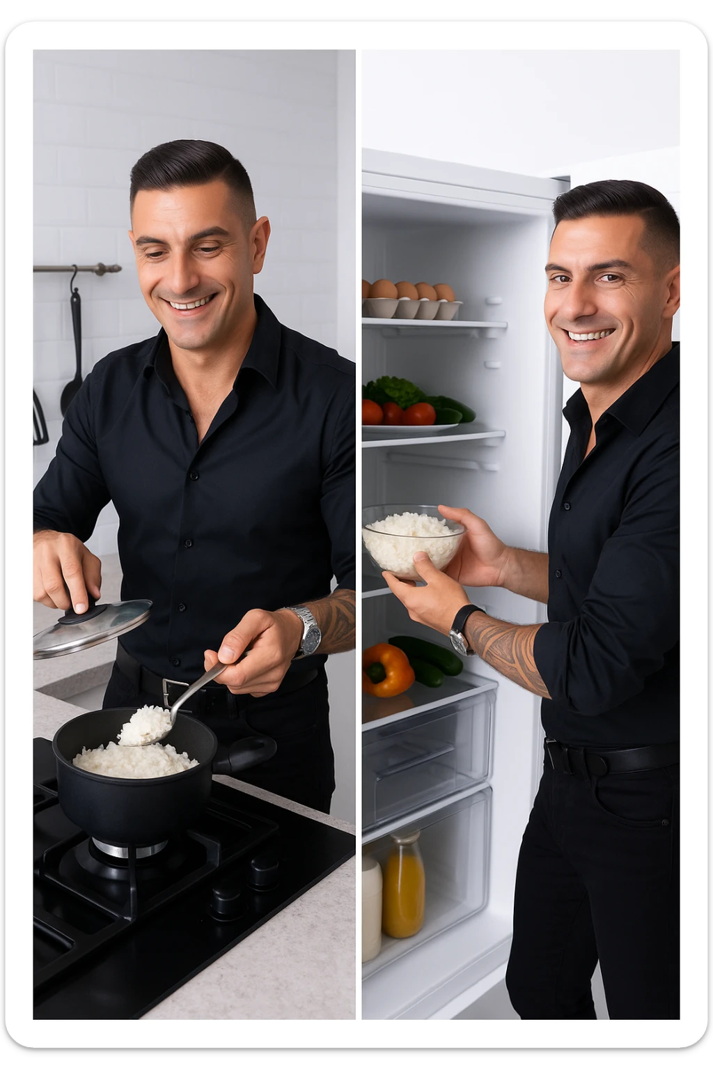 Uomo che cucina riso e mette la ciotola poi nel frigo sticker