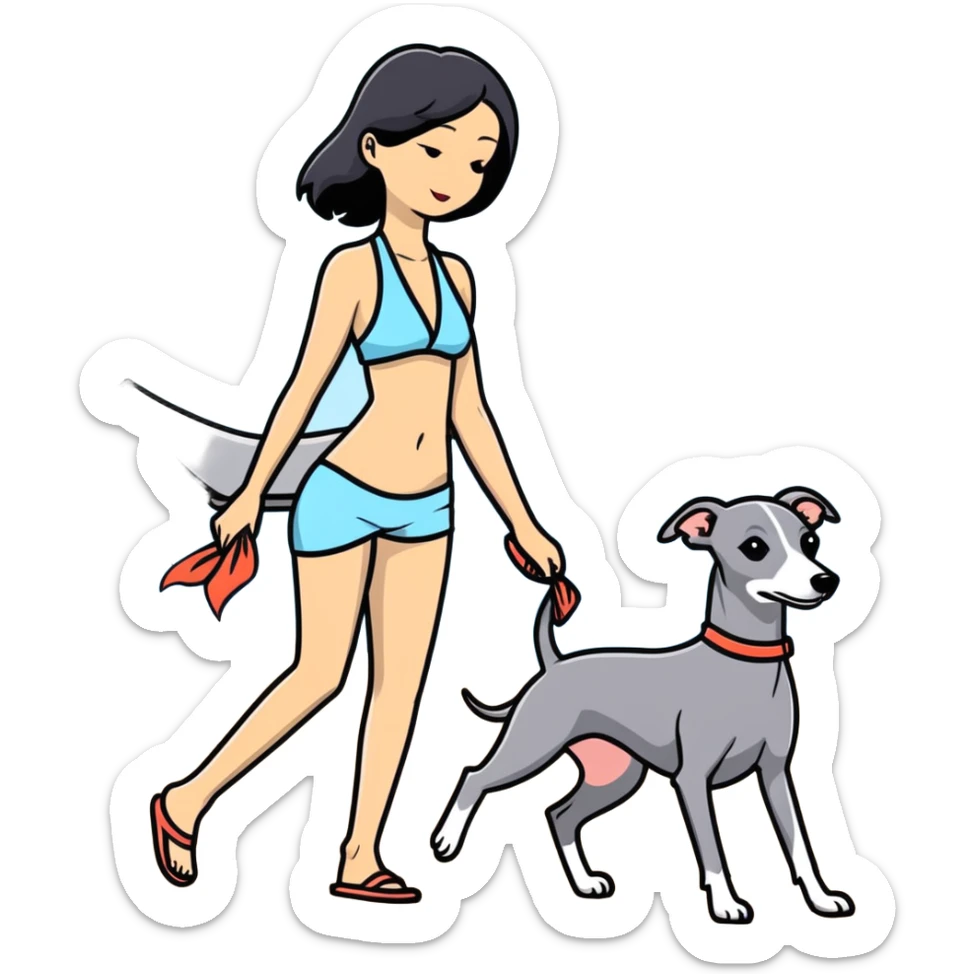 Slim Chinese woman with long black hair in appropriate beach attire at the beach with her completely solid grey Italian greyhound, the dog has absolutely no white markings anywhere, not on face or paws, solid grey color throughout entire body sticker